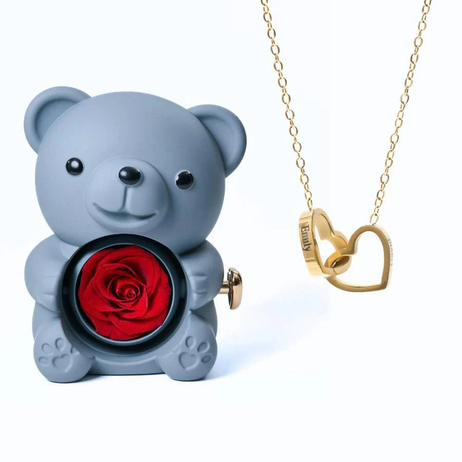 Oso de Rosas Eternas y Collar Personalizado