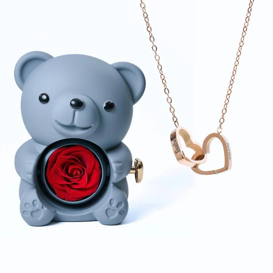 Oso de Rosas Eternas y Collar Personalizado