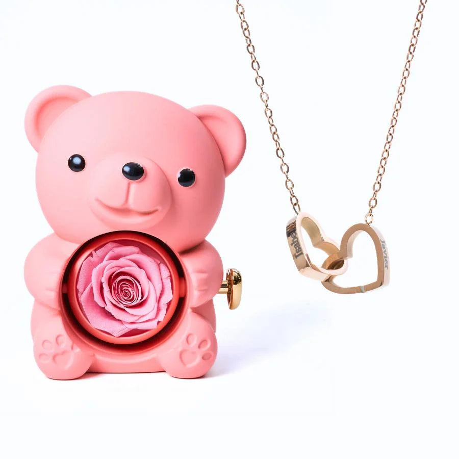 Oso de Rosas Eternas y Collar Personalizado