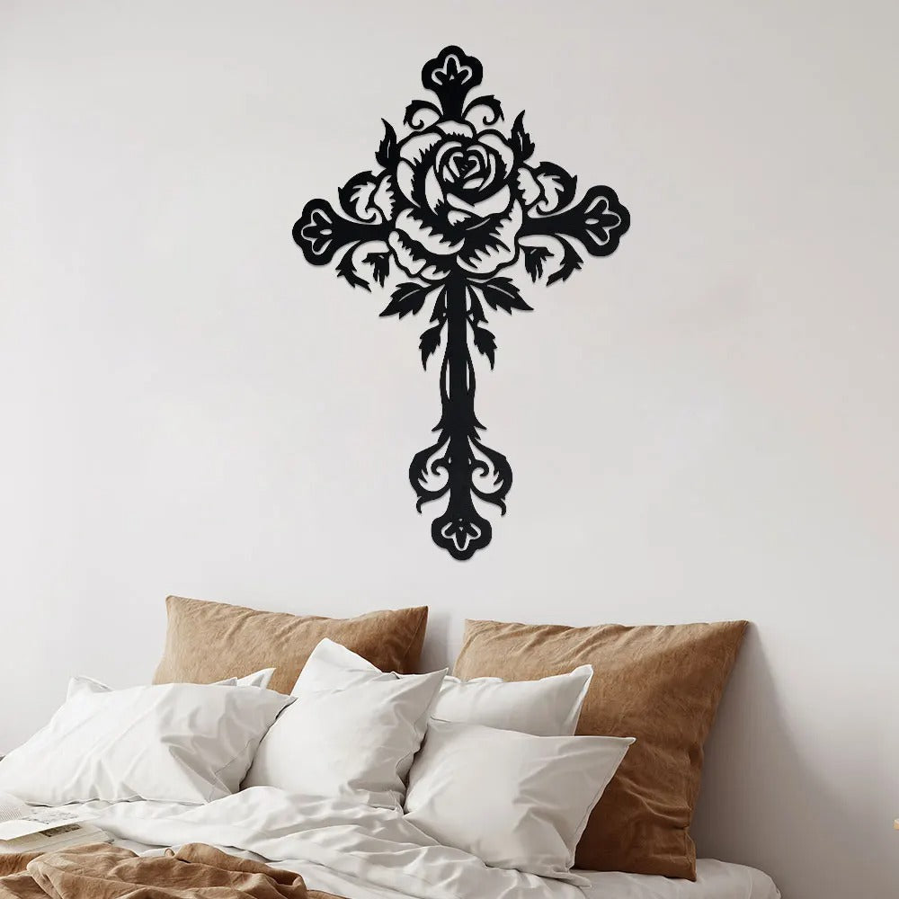 FloraCross – Cruz metálica de pared con motivos florales