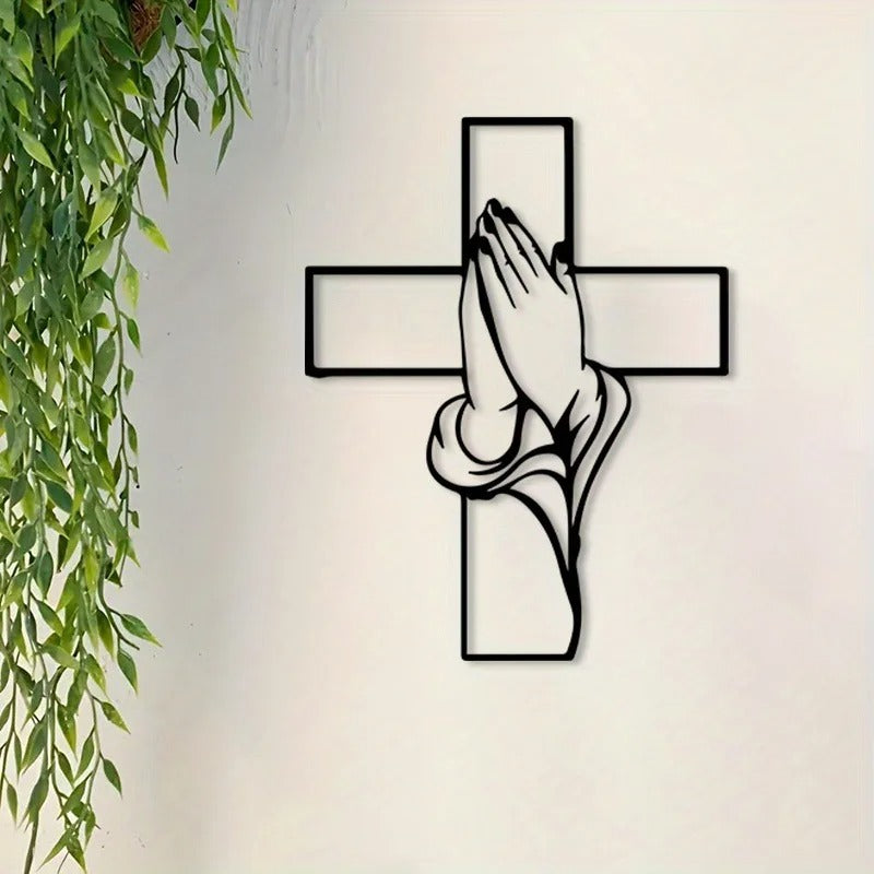 FaithHands – Cruz metálica de pared con manos en oración