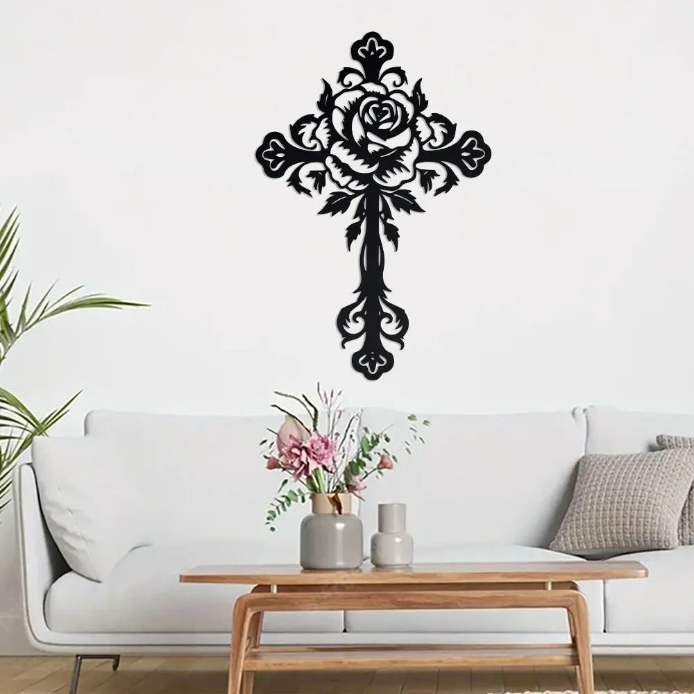 FloraCross – Cruz metálica de pared con motivos florales
