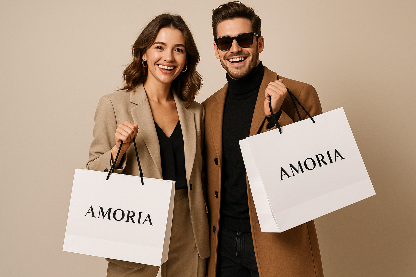 una foto estilo vertical para portada de un hombre y una mujer con bolsas de mi marca de ropa amoria